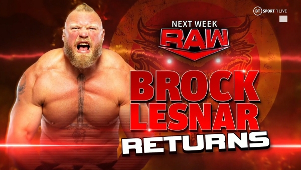 Brock Lesnar returns, next week to answer SummerSlam challenge (image courtesy Twitter)