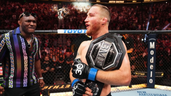 (R-L) Justin Gaethje celebrates with Kamaru Usman after his KO victory over Dustin Poirier in UFC 291 main event. (Photo by Josh Hedges/Zuffa LLC via Getty Images)