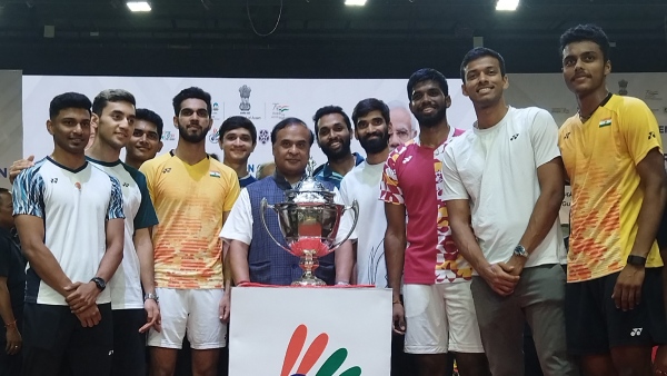 Assam CM and BAI President Dr. Himanta Biswa Sarma with Thomas Cup winning team on the eve of opening ceremony of BAI National Center of Excellence in Guwahati on Friday