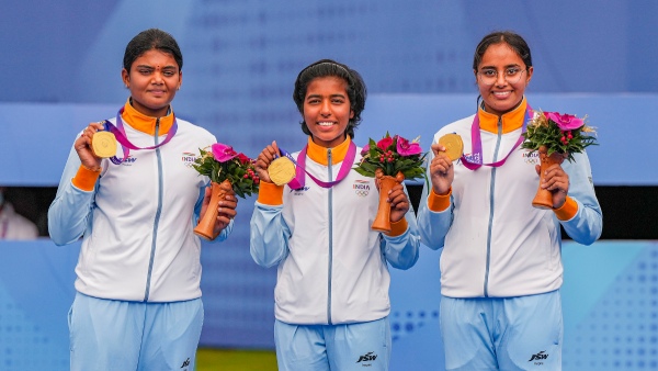 Indias Jyothi Surekha Vennam, Aditi Gopichand and Parneet Kaur pose with their Asian Games 2023 gold medal