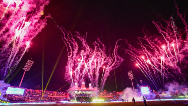 HPCA Stadium in Dharamsala display fireworks during ICC World Cup 2023 match