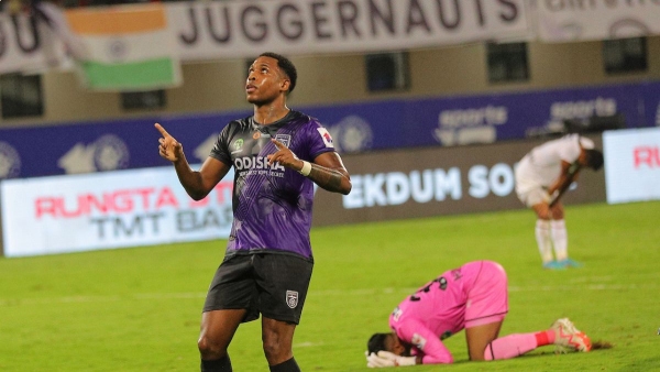 OFCs Diego Maurício celebrates after scoring a goal against NEUFC during their match at Kalinga Stadium in Bhubaneswar.