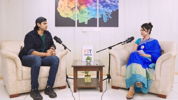 orld and Olympic javelin champion Neeraj Chopra at the Fit India Champions podcast with SAI’s Deputy Director General and host Ekta Vishnoi. (Photo: SAI)