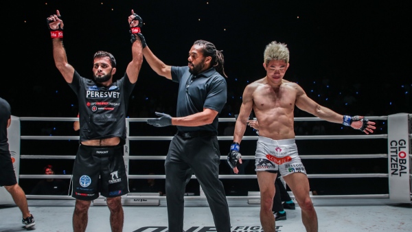 Shamil Gasanov (left) reacts after beating Oh Ho Taek in ONE Fight Night 18 headliner