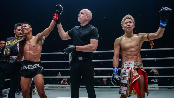 Superlek Kiatmoo9 (left) reacasts after victroy over Takeru Segawa in ONE 165 main event