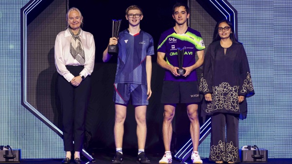 Mens singles champion Felix Lebrun ( L ) of France and runner-up Hugo Calderano of Brazzil pose with the trophy after the final at the WTT Star Contender Goa 2024 on Sunday, January 28, 2024
