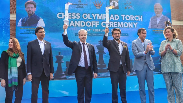Union Minister for Youth Affairs and Sports Anurag Thakur, FIDE President Arkady Dvorkovich, former world chess champion Viswanathan Anand and Hungarian chess legend Judit Polgar during Chess Olympiad Torch hand-off ceremony