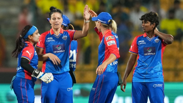 Delhi Capitals celebrate during victory over UP Warriorz in WPL 2024