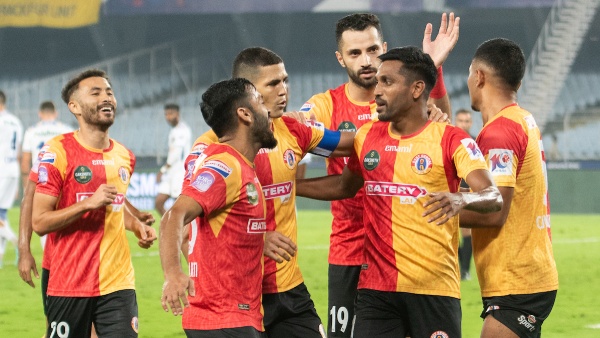 EBFCs Nandhakumar Sekar celebrating his goal against CFC at the Vivekananda Yuba Bharati Krirangan (Image: FSDL)