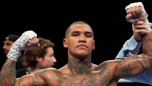 Conor Benn reacts after beating Peter Dobson