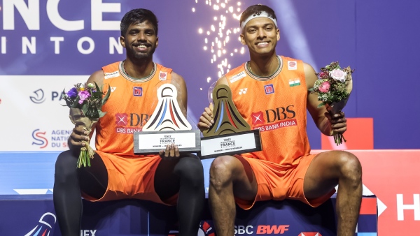 Satwiksairaj Rankireddy and Chirag Shetty pose with the French Open title Image BAI Media