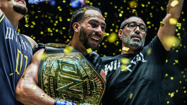 Alexis Nicolas reacts after dethroning Regian Eersel during ONE Fight Night 21