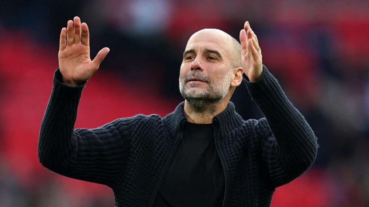 Pep Guardiola celebrates at Wembley