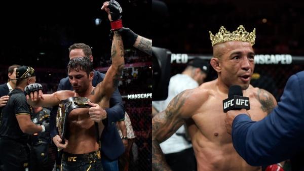 Alexandre Pantoja left and Jose Aldo react after their respective fights in UFC 301 Photos by Alexandre Loureiro Zuffa LLC via Getty Images
