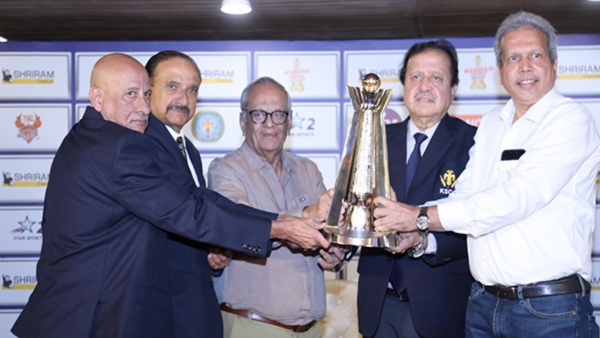 KSCA officials with the trophy during the launch event of Maharaja Triophy T20 2024 edition in Bengaluru Image Courtesy KSCA