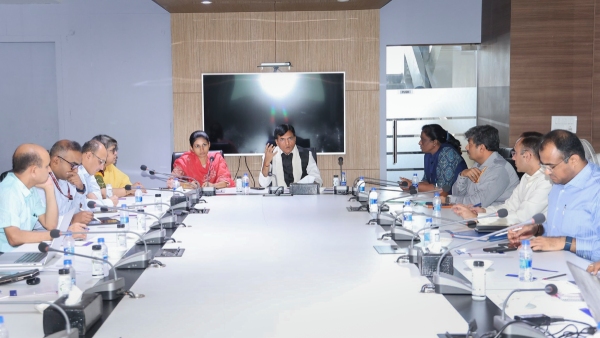 Union Minister of Sports and Youth Affairs Mansukh Mandaviya addresses a meeting regarding preparations for the upcoming Paris Olympics in New Delhi