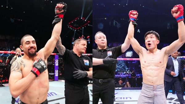 Robert Whittaker left and Chang-Ho Lee react after winning their respective bouts at UFC Saudia Arabia 2024 Photos by Chris Unger Zuffa LLC via Getty Images
