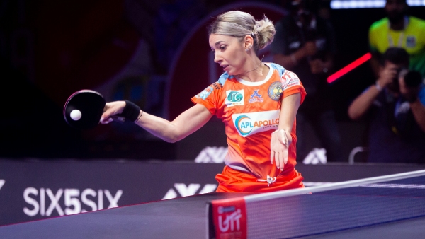 Bernadette Szocs of Ahmedabad SG Pipers in action during match against Manika Batra of PBG Bengaluru Smashers in the UTT 2024 Image UTT Media