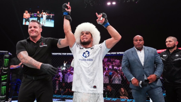 Umar Nurmagomedov celebrates after defeating Cory Sandhagen in main event of UFC Abu Dhabi 2024 Photo by Josh Hedges Zuffa LLC via Getty Images