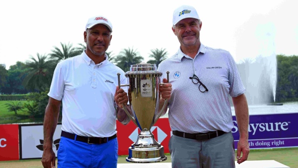 Tournament host Jeev Milkha Singh left with inaugural HSBC India Legends Championship winner Joakim Haeggman of Sweden