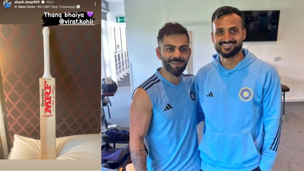 Akash Deep receives bat as gift from RCB teammate Virat Kohli