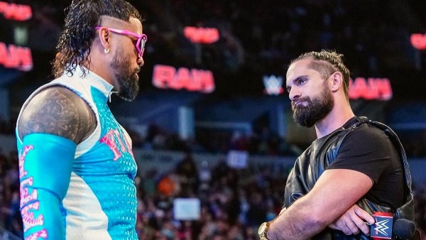 Jey Uso and Seth Rollins on Raw image courtesy WWE com