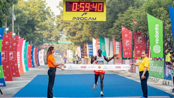 Uganda s Joshua Cheptegei finishes first in the Elite Overall Male category during Vedanta Delhi Half Marathon 2024