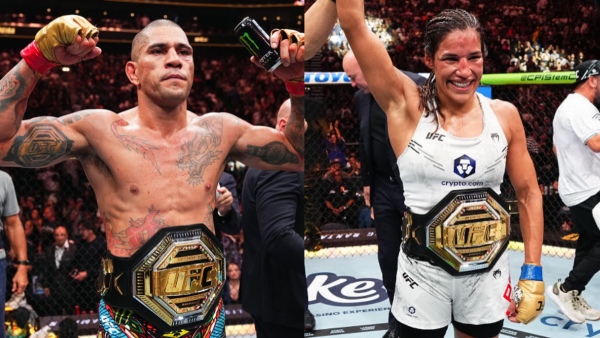Alex Pereira and Julianna Pena react after victories in the headliner of UFC 307 Photo by Jeff Bottari Zuffa LLC