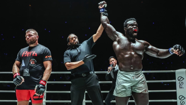 Oumar Kane right reacts after dethroning Anatoly Malykhin from heavyweight crown in the main event of ONE 169 Image Courtesy ONE Championship