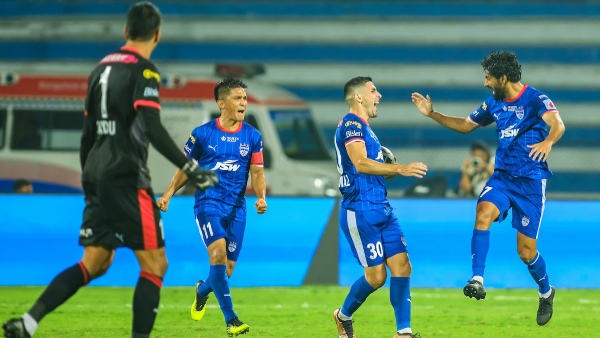 BFC s Jorge Pereyra Diaz celebrating with team mates Nikhil Poojary and Sunil Chhetri after scoring against FCG Image Courtesy FSDL ISL