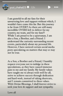 Screenshot of Yuzvendra Chahal Instagram story