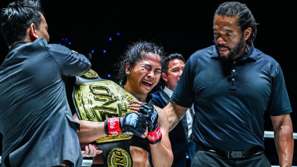Denice Zamboanga reacts after winning ONE Interim Women s Atomweight MMA title at ONE Fight Night 27 Image Courtesy ONE Championship
