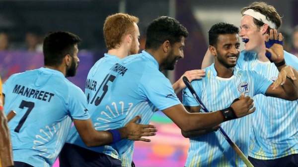 Team Gonasika players celebrate during come back win over Tamil Nadu Dragons in Hockey India League Image Courtesy HIL X Handle
