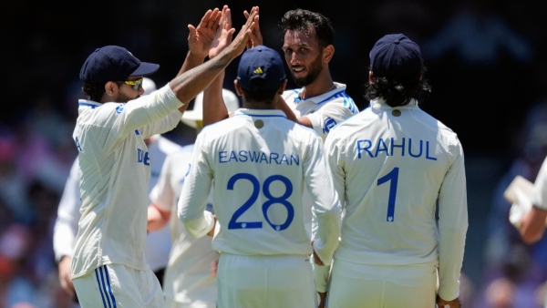 Pacer Prasidh Krishna celebrates with his Indian teammates during Sydney Test against Australia