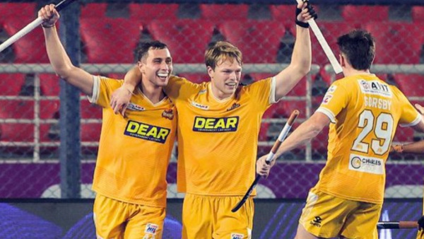 Tamil Nadu Dragons celebrate during their win over Hyderabad Toofans Image Courtesy HIL X Handle