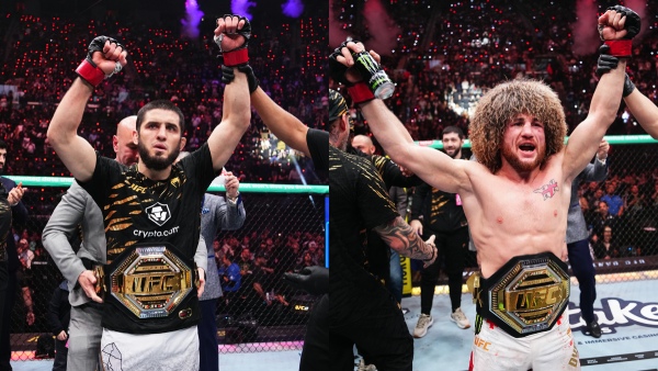 Islam Makachev left and Merab Dvalishvili react after their successful title defence at UFC 311 Photos by Jeff Bottari Zuffa LLC