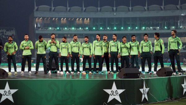 Pakistan squad sport the Champions Trophy 2025 jersey during Gaddafi Stadium opening ceremony Image Courtesy PCB X Handle