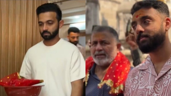 KKR skipper Ajinkya Rahane and spinner Varun Chakravarthy during their visit to the temple Image Courtesy X