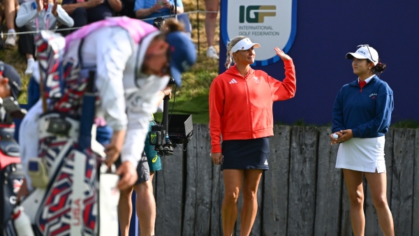 England s Charley Hull left and Lydia Ko of New Zealand during the women s individual golf competition for the 2024 Paris Olympics at the Le Golf National Image Credit IGF