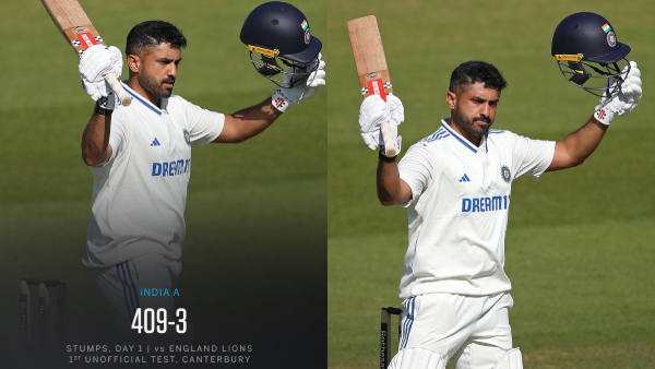 India A vs England Lions Day 1 Karun Nair Unbeaten 186 Sarfaraz Khan and Dhruv Jurel Fifties Power IND-A to 409 3 at Stumps