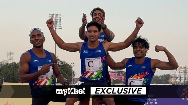 Animesh Kujur Posing With KIIT University 4x100m Relay Team After Winning Gold at KIUG 2025