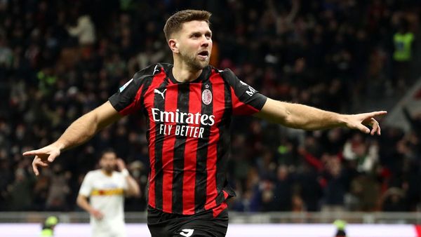AC Milan's Niclas Fullkrug celebrates after scoring against Lecce
