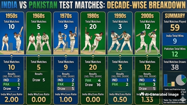 India-Pakistan Test Cricket Decade-wise Breakdown