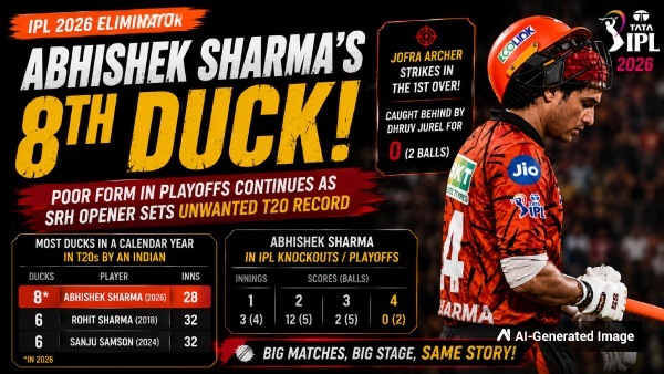 Abhishek Sharma Falls for Duck in IPL 2026 Eliminator Registers Most T20 Ducks by an Indian in a Year Abhishek Sharma Falls for Duck in IPL 2026 Eliminator Registers Most T20 Ducks by an Indian in a Year