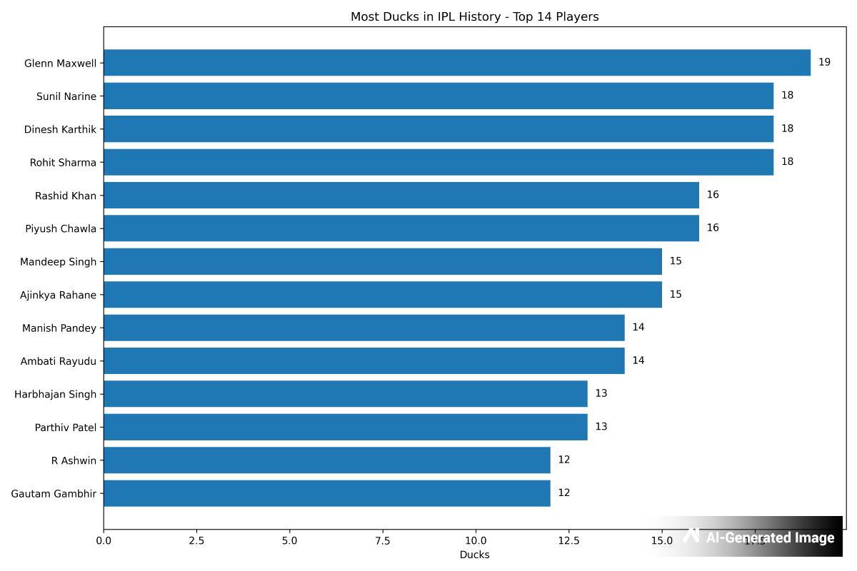 Horizontal bar chart showing the top 14 IPL players with the most ducks in tournament history Glenn Maxwell leads with 19 ducks followed by Sunil Narine Dinesh Karthik and Rohit Sharma with 18 each Rashid Khan and Piyush Chawla have 16 ducks each while Mandeep Singh and Ajinkya Rahane have 15 The chart visually compares duck totals across players