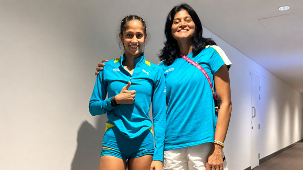 Pooja Singh with Sahana Kumari after breaking the national record in Hong Kong Pooja Singh with Sahana Kumari after breaking the national record in Hong Kong