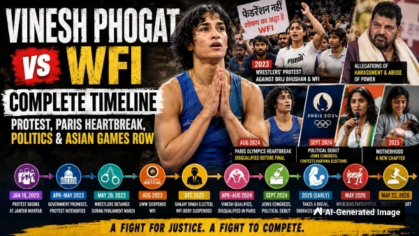 Vinesh Phogat-WFI Timeline Wrestlers Protest Movement Paris Heartbreak Political Rise Motherhood amp amp Asian Games Row
