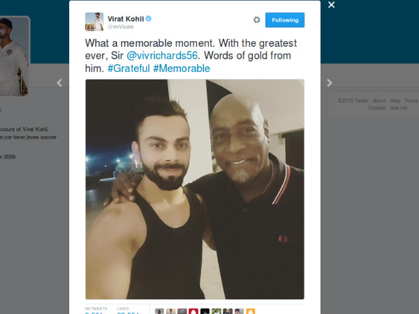 ಟೆಸ್ಟ್ ಸರಣಿಗೂ ಮುನ್ನ ಕೊಹ್ಲಿ- ರಿಚರ್ಡ್ಸ್ ಭೇಟಿ