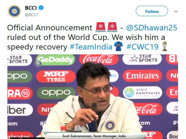 Official Announcement Dhawan ruled out of the World Cup