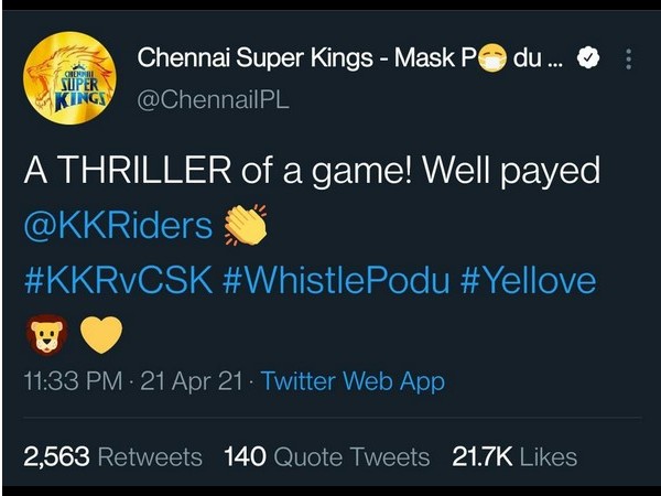 IPL 2021 : CSKs well payed Kolkata tweet goes viral on social media